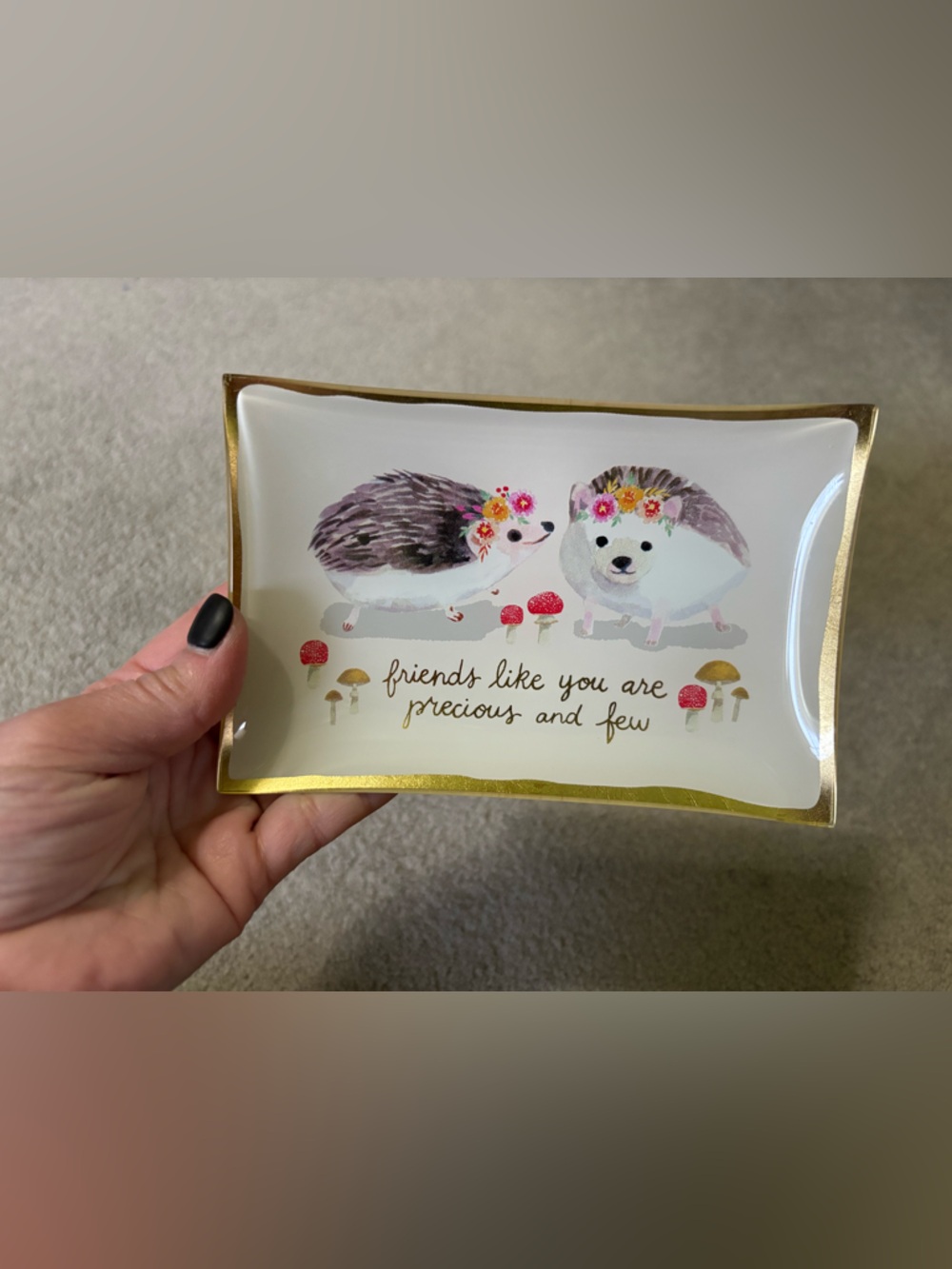 Hedgehog Trinket Dish with Gold Rim - Floral Accents